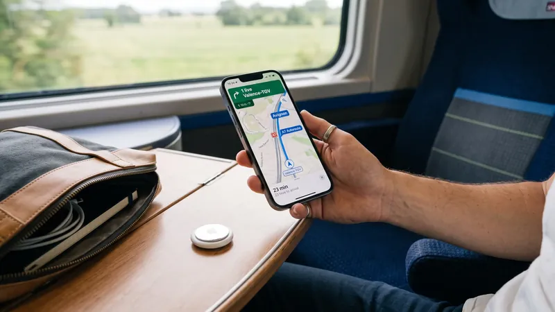 Smartphone affichant la carte de localisation d'un Apple AirTag placé dans une valise en train